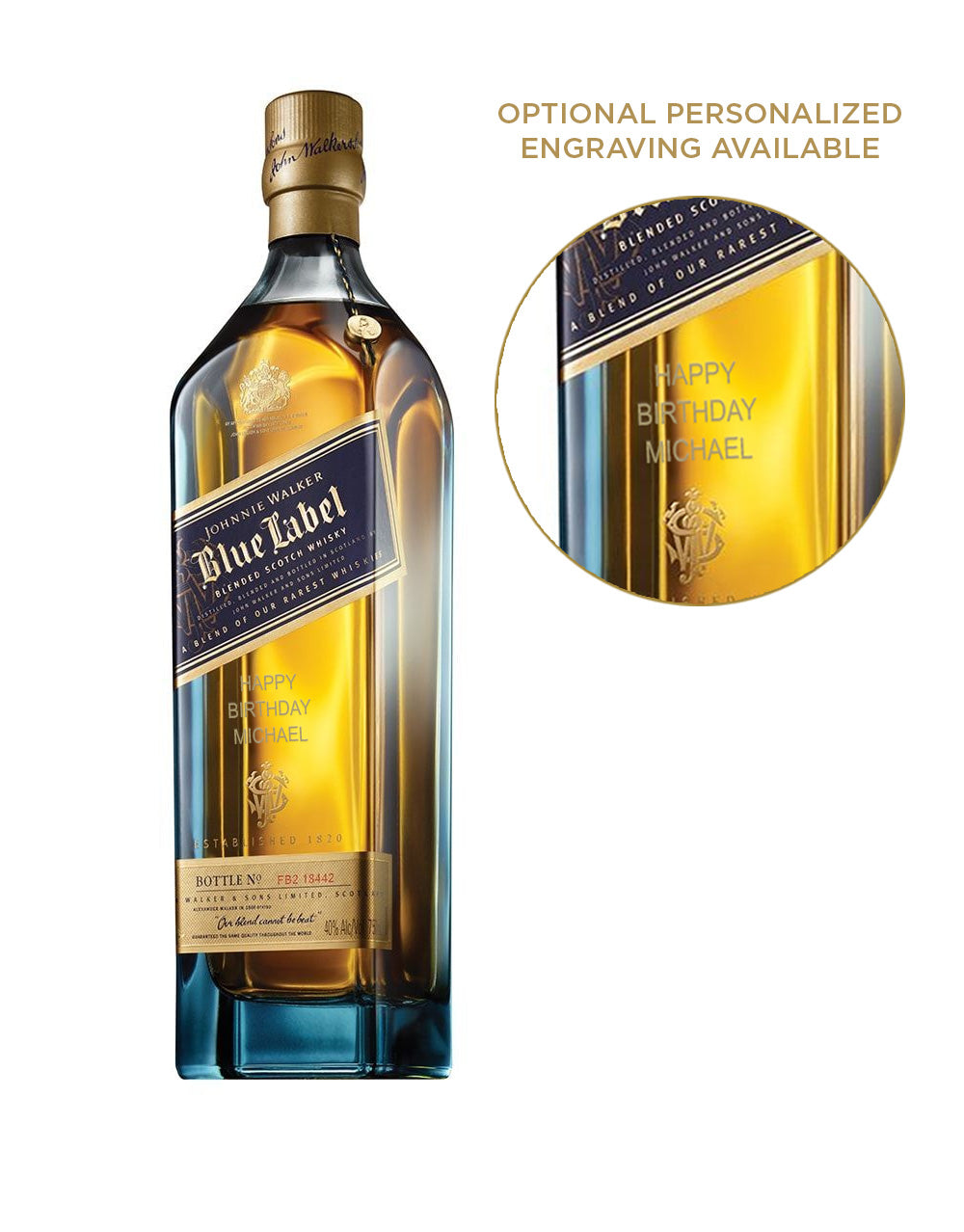 Johnnie Walker Blue Label scotch whisky bottle engraved