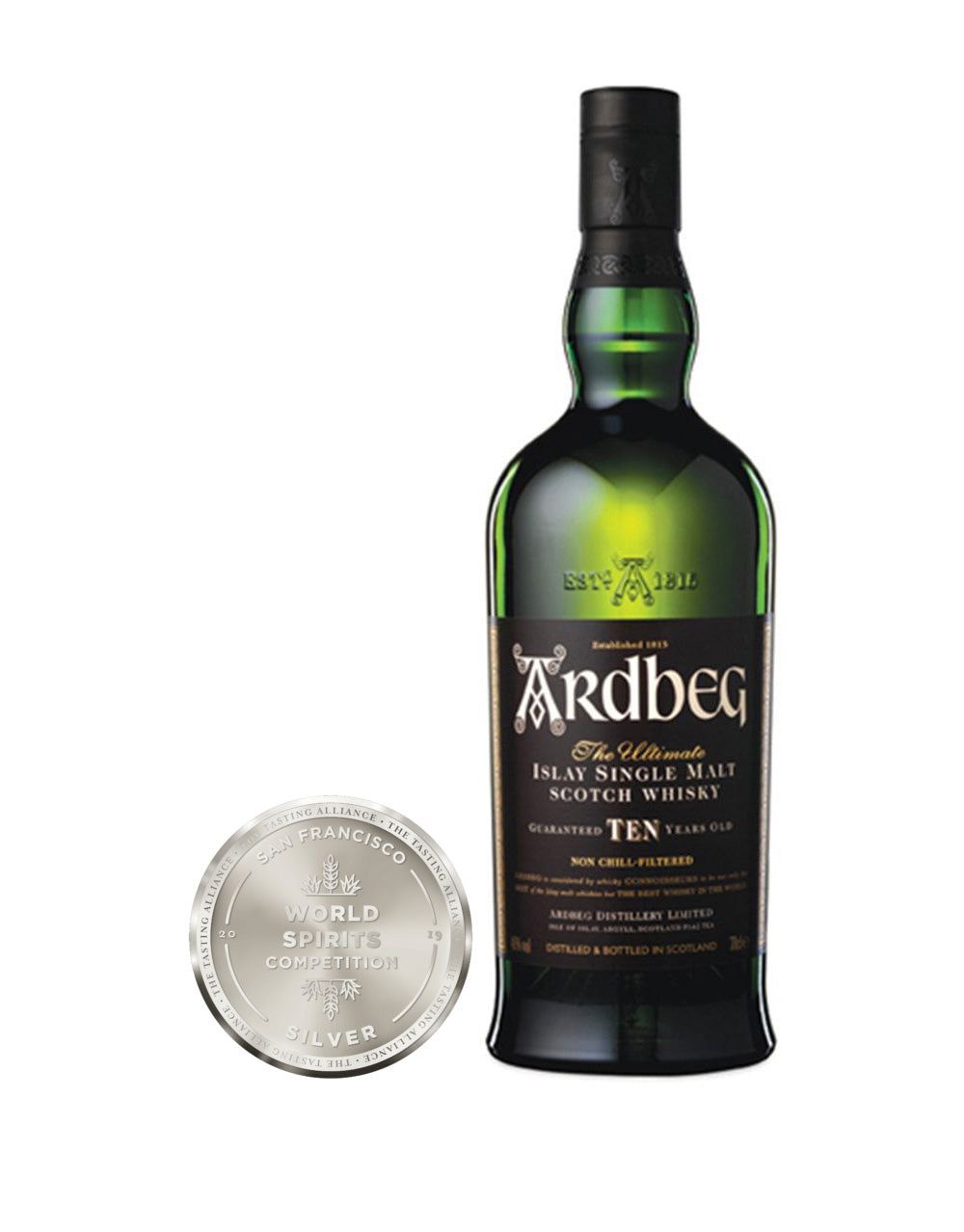 Ardbeg 10-Year-Old Single Malt Scotch Whisky bottle and award