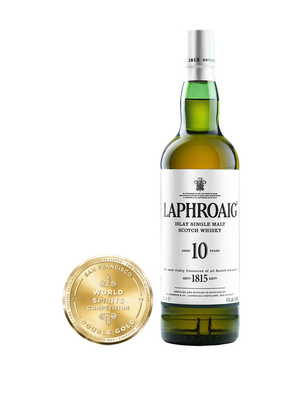 Laphroaig® 10 Years Old Single Malt Scotch Whisky bottle and award