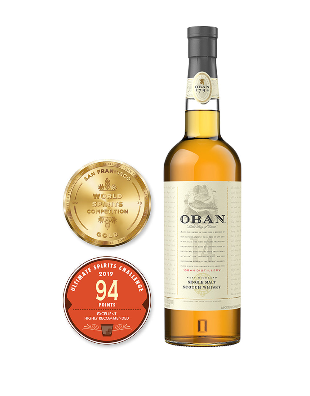 Oban™ 14 Year-Old Single Malt Scotch Whisky bottle and awards